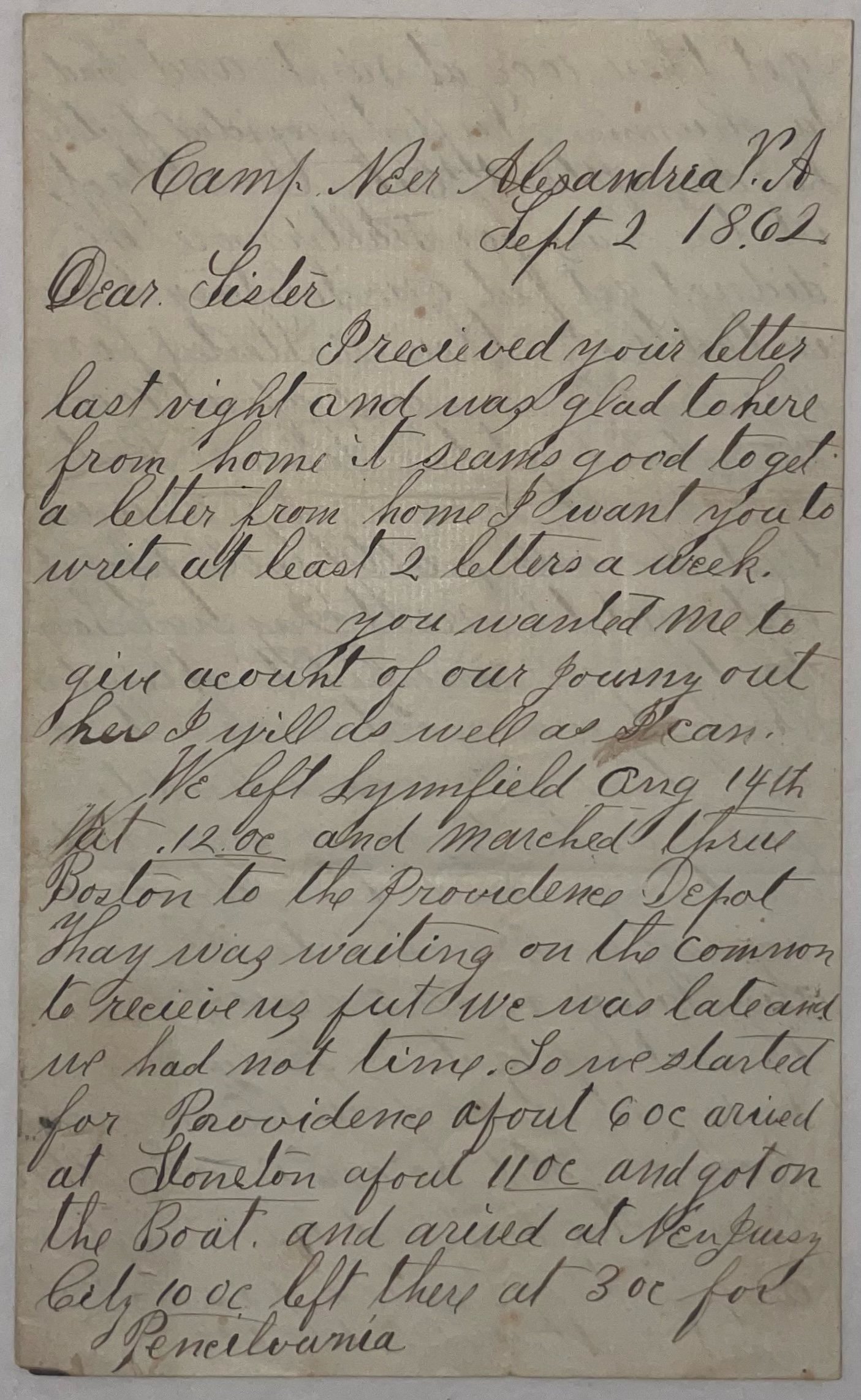 Civil War soldier writing from Alexandria Virginia page 1