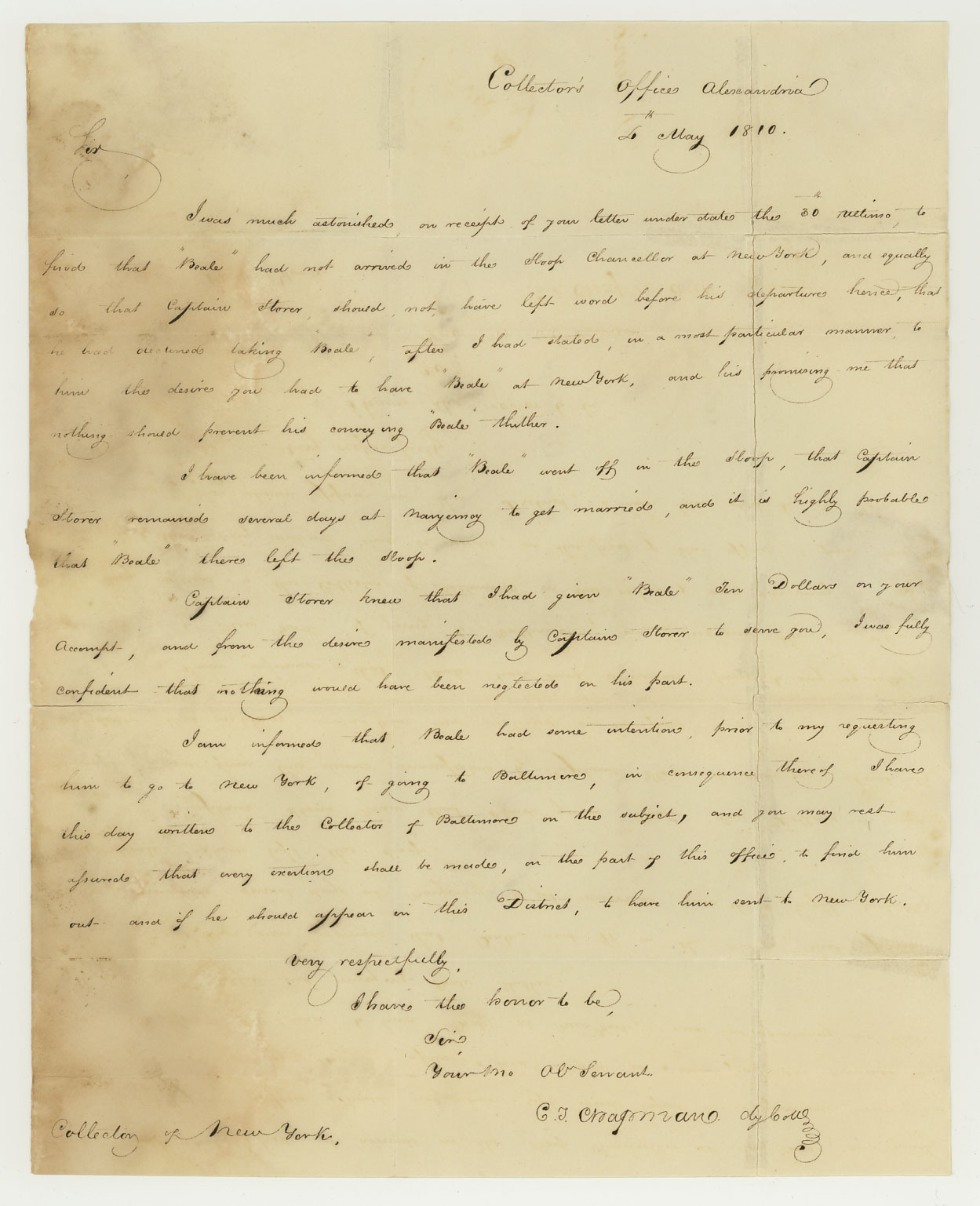 1810 Letter About an Escaped Enslaved Person - Alexandria VA (DC)